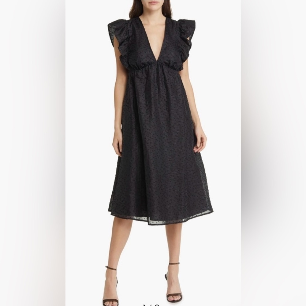 Chelsea 28 Ruffle Cap Sleeve Organza Midi Dress Large Black